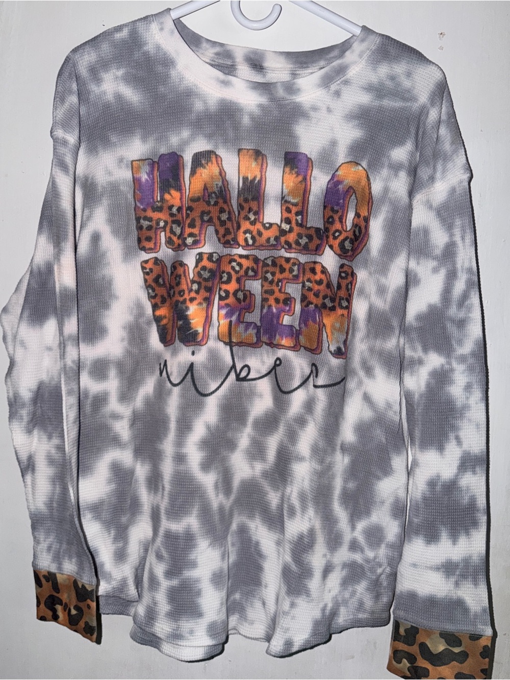 Custom Made Time and Tru Gray Tie-Dye Crewneck with Leopard 'Hello Week' Graphic